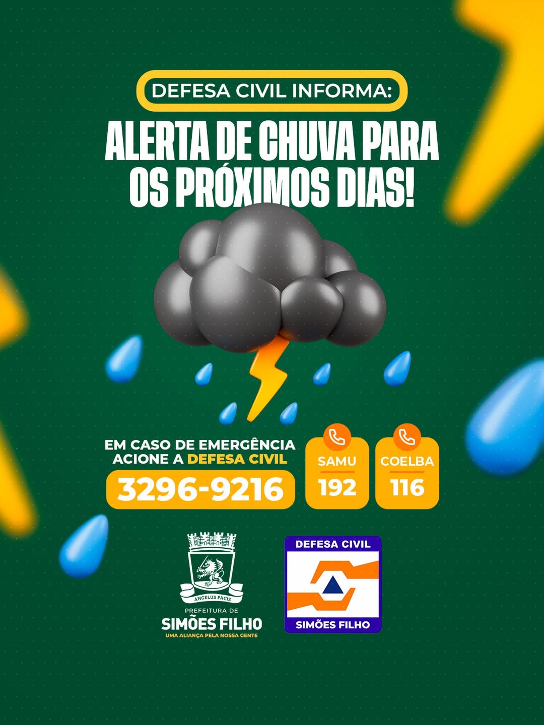 Previsão aponta acumulado de 15,7 mm de chuva e manutenção de instabilidade em Simões Filho